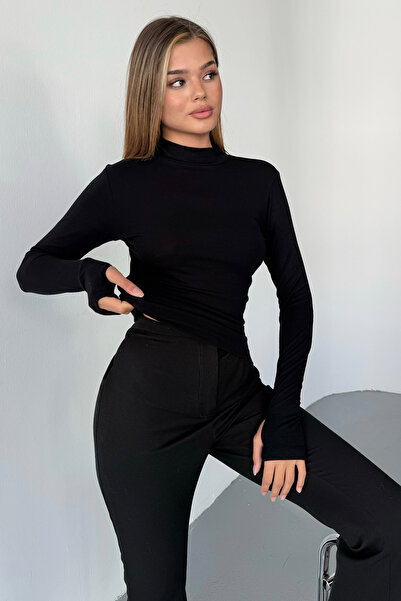 LACHT Дамска черна модална памучна материя с яка и пръстен за пръсти