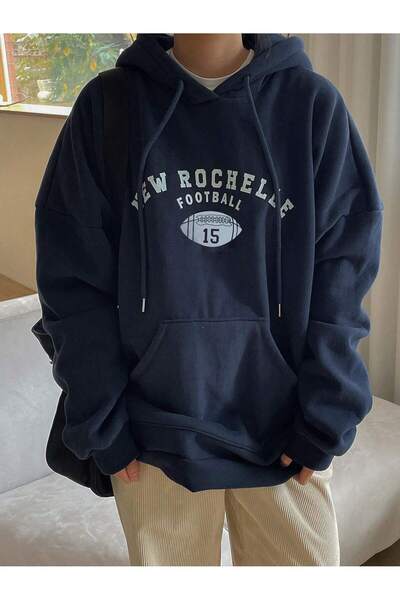 LAPS سويت شيرت نسائي باللون الأزرق الداكن نيو روشيل مطبوع بغطاء رأس قصة فضفاضة