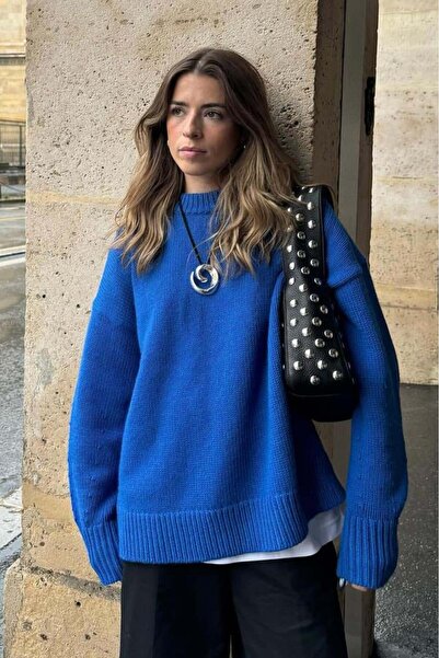 ELBA STİL سترة تريكو كبيرة الحجم ذات ياقة دائرية باللون الأزرق من ساكس