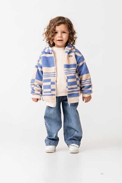 Magu Erkek Çocuk Pamuklu Bej Mavi Kare Desenli Kapüşonlu Fermuarlı Polar Mont - Rahat Dış Giyim