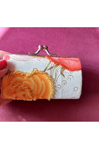 esdekor Mini Purse with Beaded Coin Lipstick Holder Length 7cm Width 9cm Beige Women's Wallet