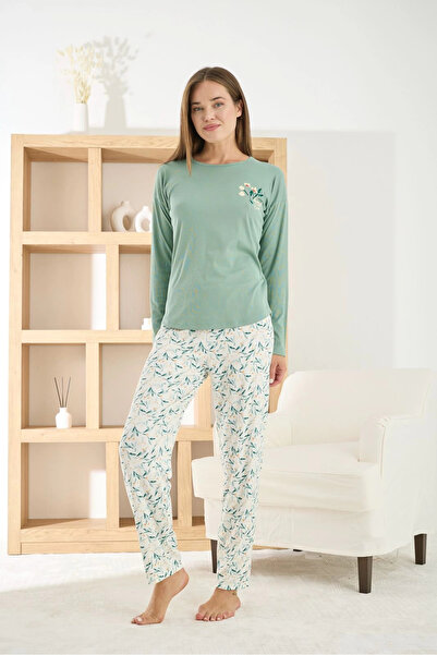 Pijamoni Kadın Berlin Kumaş Bisiklet Yaka Yeşil Pijama Takımı - 8811