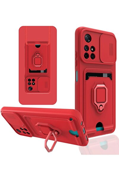 Khayra حافظة هاتف Xiaomi Redmi Note 11T من السيليكون مع حامل لبطاقة الائتمان - أحمر - (5796 - ESZAOC5003-8)