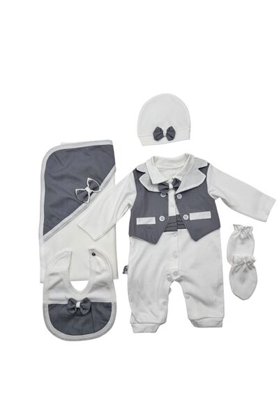 Baby day طقم استقبال مواليد أولاد 5 قطع بتصميم بدلة باللون الأبيض والرمادي