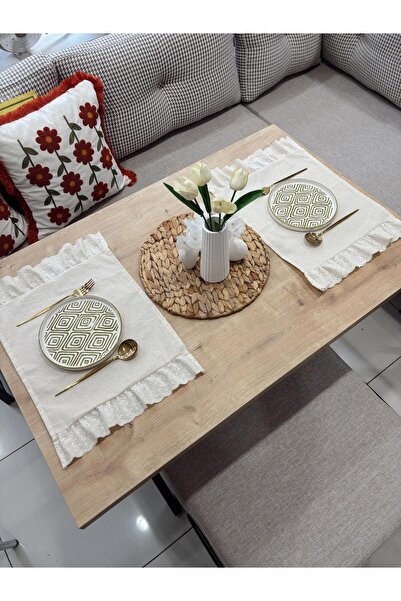 NURGİTA HOME %100 Pamuk Ham Keten Fisto Fırfırlı Amerikan Servisi 2 Adet (35×45)