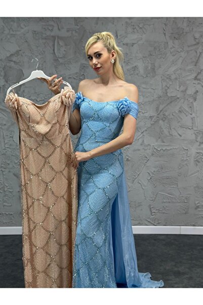 AzraKotan AZRA KOTAN BONCUK İŞLEMELİ TÜL DETAYLI ABİYE ELBİSE