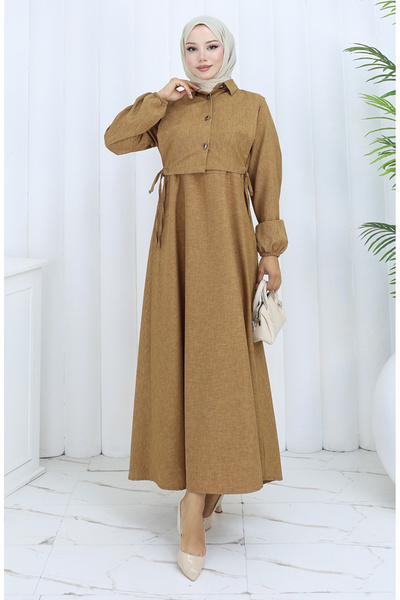 sefamerve Linen Vest Dress Two-Piece Set 2141-07 Tan