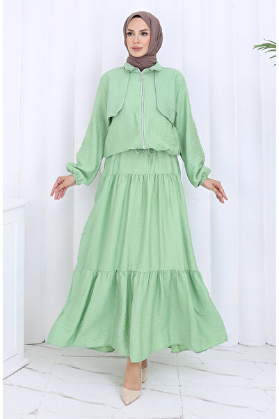 sefamerve Double Suit with Elastic Sleeves and Zipper 0129-07 Light Green