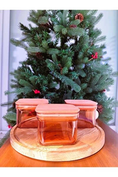 Madame Coco Kaviera Amber 500 ml Wooden Lid Storage Container Set of 3 - Amber - 500 ml