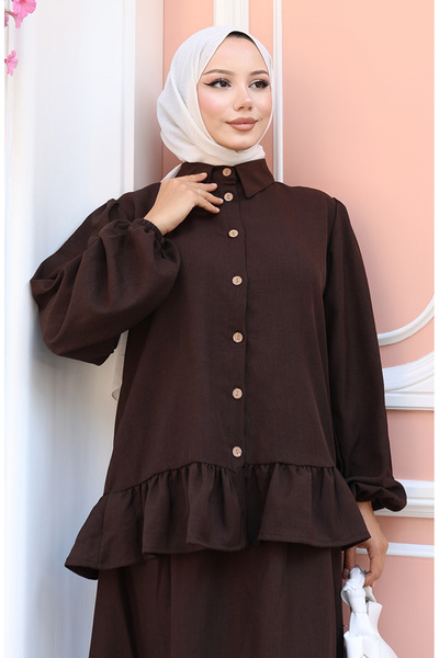 sefamerve Ruffled Tunic Skirt Two-Piece Set 0146-03 Brown