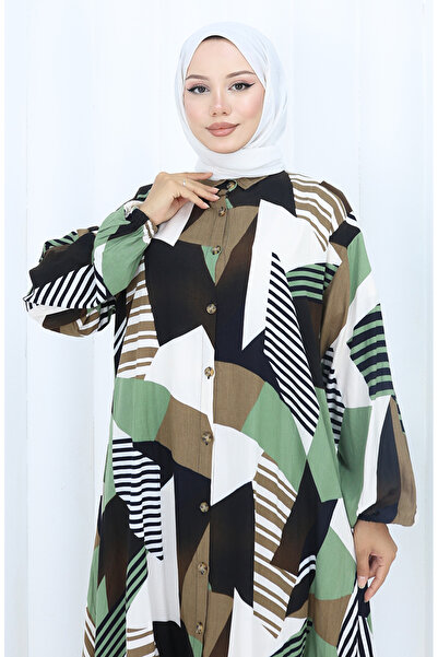 sefamerve Παντελόνι από ύφασμα βισκόζης Τουνίκ Διπλό Σετ 2140-04 Χακί