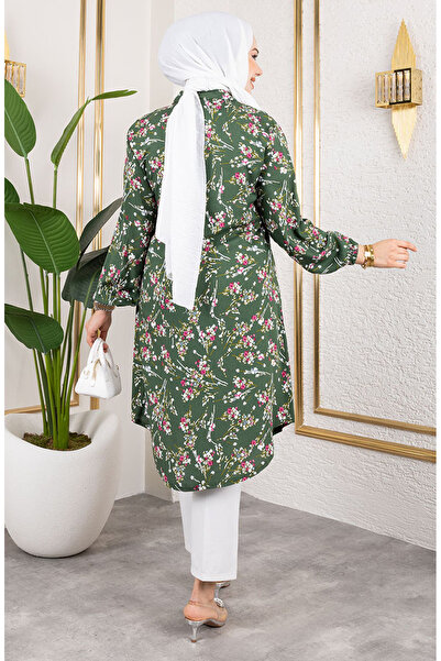 sefamerve Asel Çiçekli Viskon Tunik 0174-01 Haki