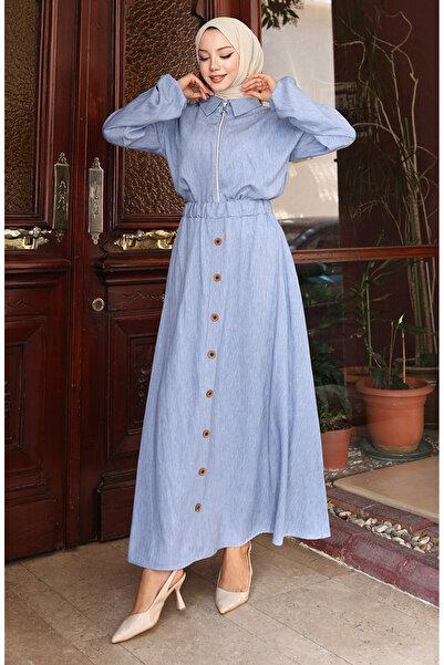 sefamerve Double Suit with Elastic Sleeves and Zippered Denim Skirt 0135-01 Denim Blue