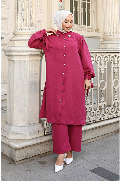 sefamerve Αερομπιν Υφασμάτινο Παντελόνι Τουνίκ με Κουμπιά Διπλό Σετ 2147-02 Φούξια