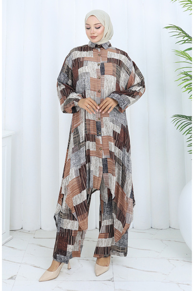 sefamerve Viscose Fabric Tunic Trousers Double Set 2139-02 Brown Mink