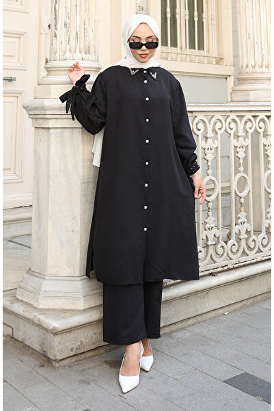 sefamerve Aerobin Fabric Buttoned Tunic Trousers Double Suit 2147-05 Black