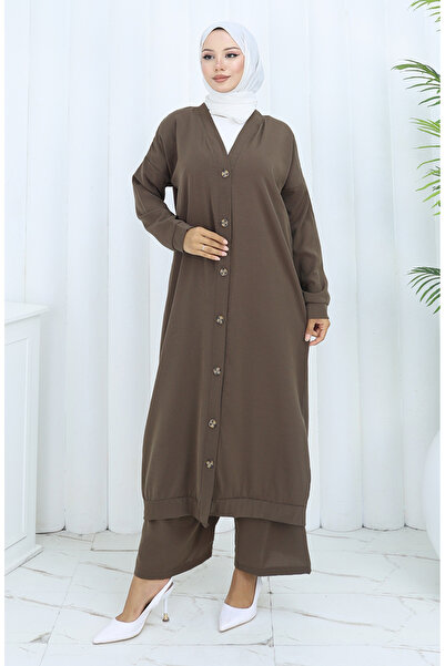 sefamerve Buttoned Cardigan and Trousers Two-Piece Set 0138-05 Brown