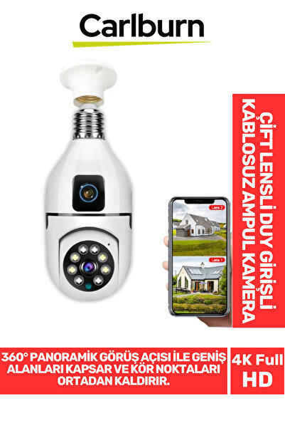 Carlburn 360° Panoramik Görüş 4K Full HD Çift Lensli E27 Duy Girişli 8 MP Kab...