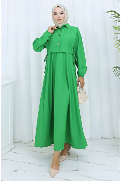 sefamerve Linen Vest Dress Two-Piece Set 2141-09 Emerald Green