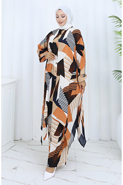 sefamerve Παντελόνι από ύφασμα βισκόζης Τουνίκ Διπλό Σετ 2140-02 Καφέ