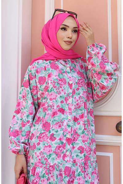 sefamerve Yarım Düğmeli Desenli Elbise 2148-01 Gül Kurusu