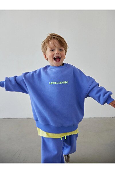 Magu Unisex Children's Cotton Blue Oversize Sweatshirt Tracksuit Bottom Set - Neon Detailed