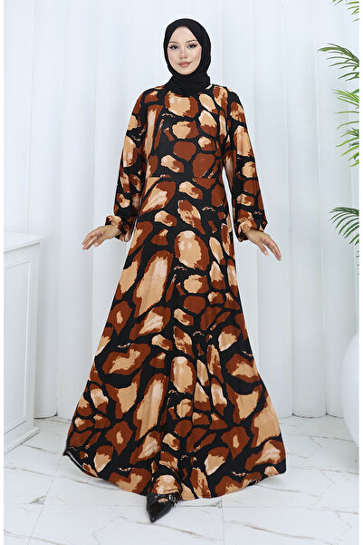 sefamerve Desenli Penye Elbise 2136-01 Kahverengi Siyah