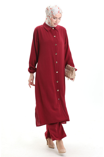 sefamerve Μακρύ παντελόνι με κουμπιά Σετ δύο τεμαχίων 0089-06 Βουργουνδία