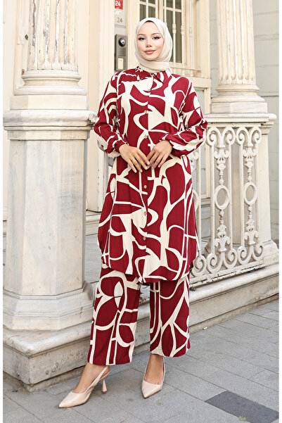 sefamerve Viscose Fabric Tunic Trousers Double Set 0143-04 Claret Red