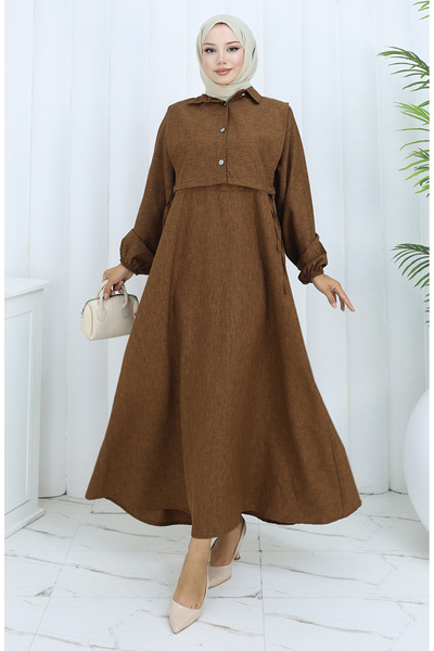 sefamerve Linen Vest Dress Two-Piece Set 2141-03 Brown
