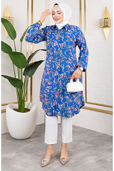 sefamerve Asel Çiçekli Viskon Tunik 0174-02 İndigo