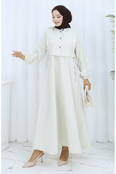 sefamerve Linen Vest Dress Two Piece Set 2141-04 Beige