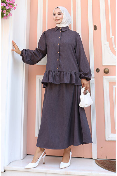 sefamerve Ruffled Tunic Skirt Two-Piece Set 0146-02 Anthracite