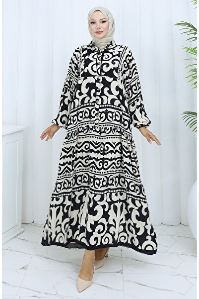 sefamerve Φόρεμα Alaçatı με μισό κουμπί 2137-03 Μαύρο Κρεμ