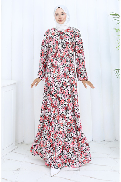 sefamerve Desenli Penye Elbise 2135A-02 Gül Kurusu