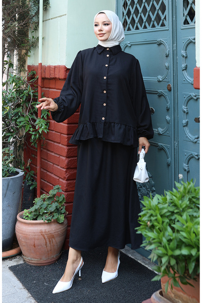 sefamerve Ruffled Tunic Skirt Double Set 0146A-01 Black