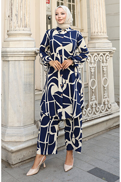 sefamerve Viscose Fabric Tunic Trousers Double Set 0143-01 Navy Blue