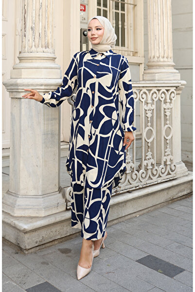 sefamerve Viscose Fabric Tunic Trousers Double Set 0143-01 Navy Blue