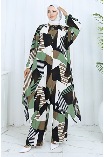 sefamerve Παντελόνι από ύφασμα βισκόζης Τουνίκ Διπλό Σετ 2140-04 Χακί