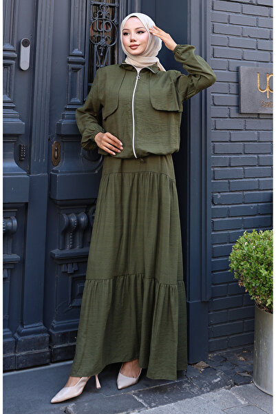 sefamerve Double Suit with Elastic Sleeves and Zipper 0129-17 Khaki