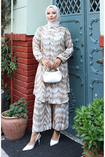 sefamerve Παντελόνι από ύφασμα βισκόζης Τουνίκ Διπλό Σετ 0142-02 Βιζόν