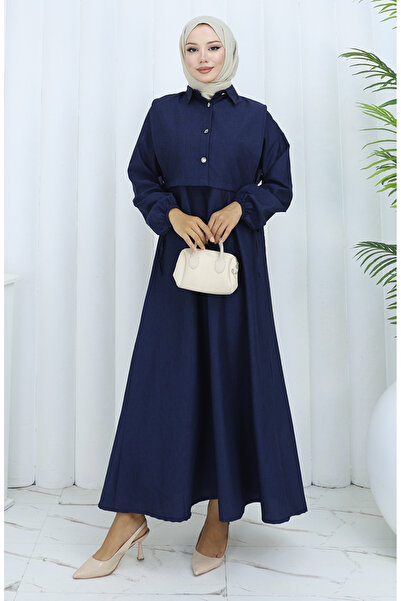 sefamerve Linen Vest Dress Double Suit 2141-06 Navy Blue
