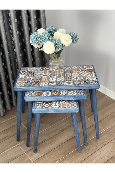 SİNA HOME DESİGNS Ceviz Sehpa Seramik Sehpa 3'lü Zigon Sehpa Takımı