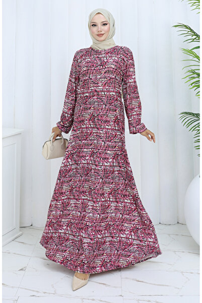 sefamerve Desenli Penye Elbise 2135D-02 Gül Kurusu