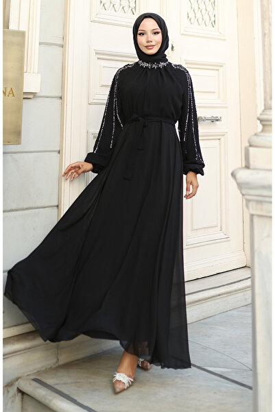 sefamerve Kolu Taşlı Şifon Abiye Elbise 5804-01 Siyah