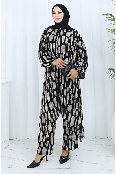 sefamerve Viscose fabric tunic pants double set 2138-03 black gray