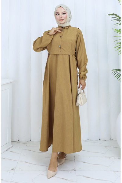 sefamerve Linen vest dress two-piece set 2141-01 milky coffee
