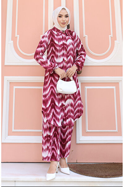 sefamerve Παντελόνι από ύφασμα βισκόζης Τουνίκ Διπλό Σετ 0142-05 Βουργουνδία