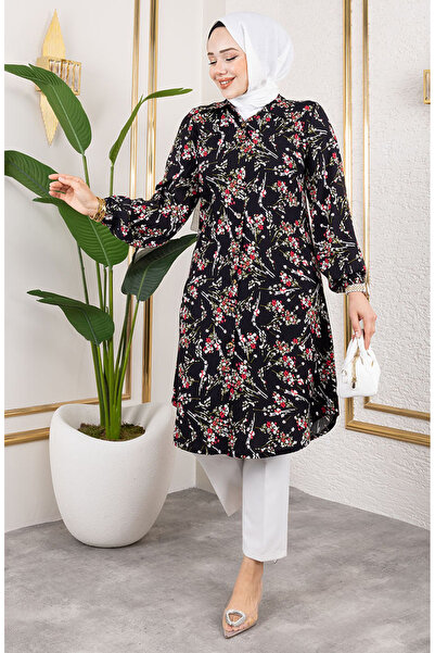 sefamerve Asel Çiçekli Viskon Tunik 0174-05 Siyah
