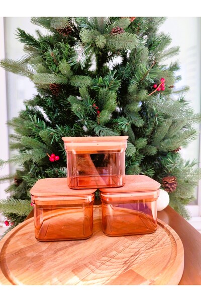 Madame Coco Kaviera Amber 500 ml Ahşap Kapaklı Saklama Kabı 3'lü - Amber - 500 ml